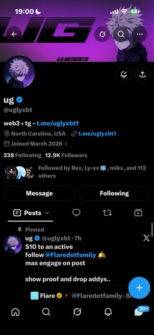 The image shows a Twitter/X profile page for "ug" (@uglyxbt) with 238 Following and 12.9K Followers, featuring anime artwork as the banner and avatar. The post likely relates to sharing a Solana wallet address for tipping or receiving crypto from followers, as the username "uglyxbt" suggests involvement in the crypto/Web3 space.