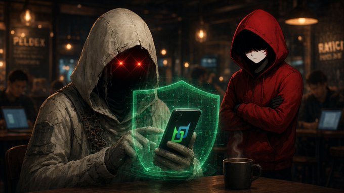 A digital artwork depicting two hooded, faceless figures in a cyberpunk café—one in gray with glowing red eyes holding a smartphone protected by a green digital shield displaying a dollar sign, and another in red with a smiling white mask.