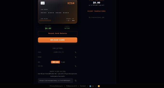 A screenshot of a Privacy.com virtual Visa card dashboard with a $0.00 balance and an orange 'RELOAD CARD' button.