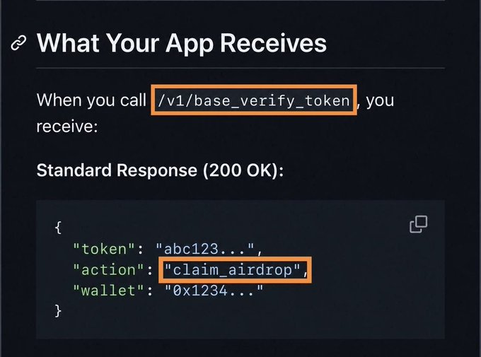 A technical documentation page titled 'What Your App Receives' showing an API endpoint /v1/base_verify_token with a JSON response containing 'token', 'action': 'claim_airdrop', and 'wallet' fields.