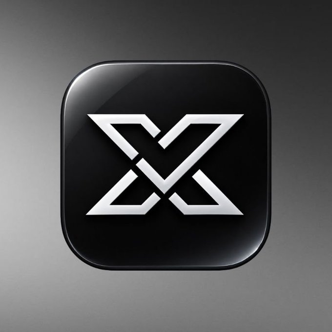 A glossy black app icon with rounded corners featuring a stylized white geometric symbol resembling an 'X' or interwoven triangular shapes, set against a gray gradient background.