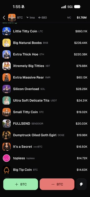 A dark-mode crypto list shows “Little Titty Coin” (LTC) at $860.11K at the top, followed by “Big Natural Boobs” (BNB, $239.44K), “Extra Thick Hoe” (ETH, $220.38K), and other joke-named tokens, with 192 coins said to be paired to Big Titty Coin (BTC).