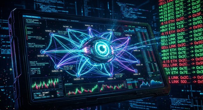 A futuristic digital tablet display shows a neural network visualization alongside stock charts and cryptocurrency ticker data including BTC, ETH, and LINK buy and sell signals.