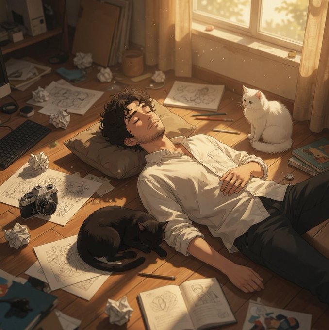 A curly-haired artist rests on a pillow amid scattered sketches, crumpled paper, and a sleeping black cat, with a white cat watching from a sunlit window. The image suggests the exhausted but purposeful grind of a creator—paralleling the post's pitch of $RIVER as a quietly built, underappreciated project whose real work (compressed supply, locked value, institutional backing) outpaces a market still sleeping on it.