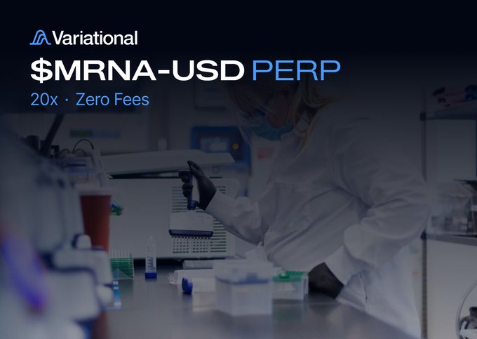 A Variational promotional banner for the newly launched $MRNA-USD PERP trading pair, featuring up to 20x leverage and zero fees, displayed over a darkened background image of a lab technician in protective gear working with laboratory equipment—evoking Moderna's biotech research roots.
