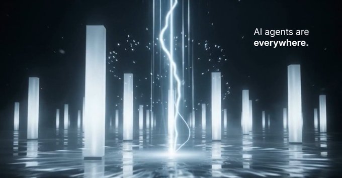 Dark futuristic digital art showing glowing vertical light pillars and the text 'AI agents are everywhere.'