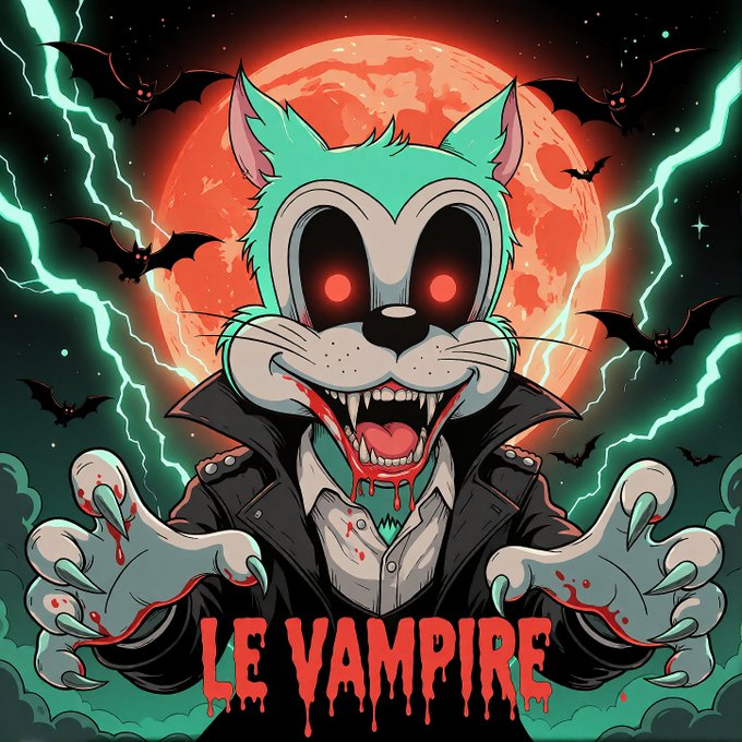 A horror-themed illustration of a creepy cat character with glowing red eyes, fangs, and blood, wearing a leather jacket against a full moon with bats and lightning, titled 'LE VAMPIRE'.