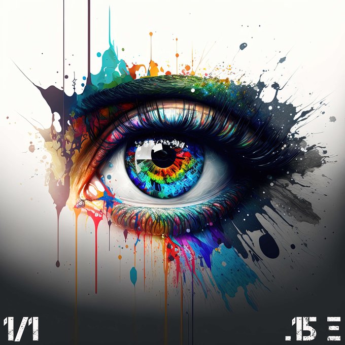 A vibrant, colorful digital artwork of a human eye with a multicolored, galaxy-like iris, surrounded by dynamic paint splatters and drips in various hues, with 'VI' and '.15' in the bottom corners.