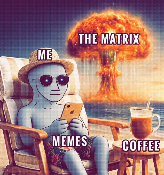 A humorous meme image showing a pale cartoon character relaxing in a beach chair with sunglasses, holding a phone labeled "MEMES," a drink labeled "COFFEE," and a mushroom cloud in the background labeled "THE MATRIX," with the character labeled "ME."