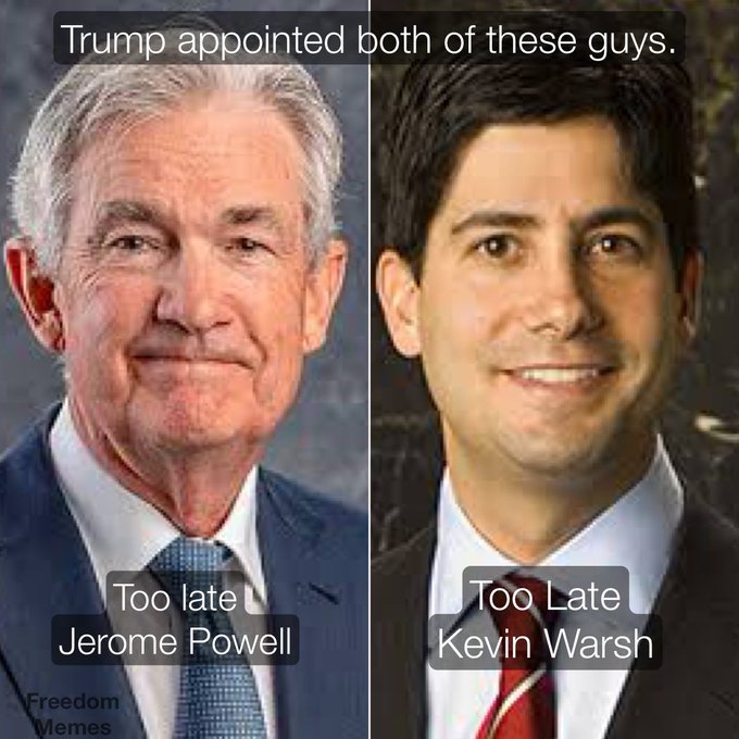 A meme showing Jerome Powell and Kevin Warsh side by side with the text 'Trump appointed both of these guys.' and both labeled 'Too Late,' sourced from Freedom Memes.