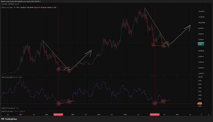 The image shows a TradingView chart of Bitcoin/US Dollar (BTCUSD) on what appears to be a 3-day timeframe, displaying price action from 2021 to 2025 with two annotated bullish divergence patterns where price made lower lows while the RSI indicator made higher lows, marked with red circles and arrows suggesting a potential trend reversal.

The post "Is the pain finally over?" likely refers to Bitcoin's extended bear market following the 2022 peak, with the chart highlighting historical bullish RSI divergence signals that preceded major rallies, suggesting that similar current conditions may indicate the bearish cycle is ending.