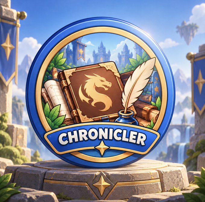 A fantasy-style game badge or icon labeled 'CHRONICLER' featuring a brown book with a gold dragon emblem, a quill pen in an inkwell, and scrolls, set against a backdrop of a magical castle and mountains.