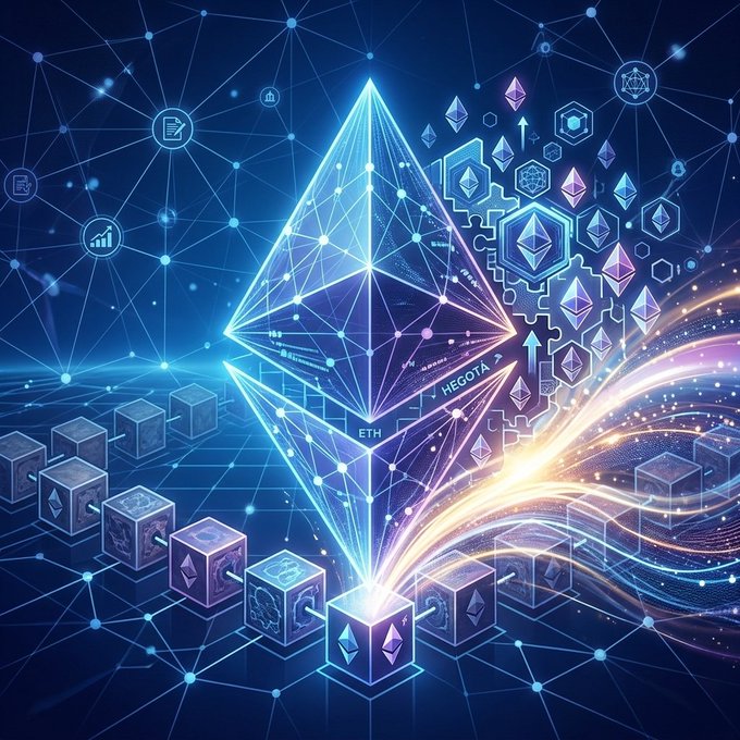 A digital illustration featuring a glowing Ethereum diamond logo alongside floating blockchain icons and "ETH" and "HEGOTA" text labels, visually representing the upcoming "Hegotá" hard fork upgrade with its 66 improvement proposals for $ETH. The luminous interconnected network and ascending light streams symbolize the scaling and optimization goals of this major network enhancement.
