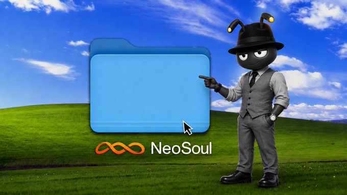 An image combining the Windows XP 'Bliss' landscape background with a folder icon labeled 'NeoSoul' and a 3D bug character wearing a hat and vest.