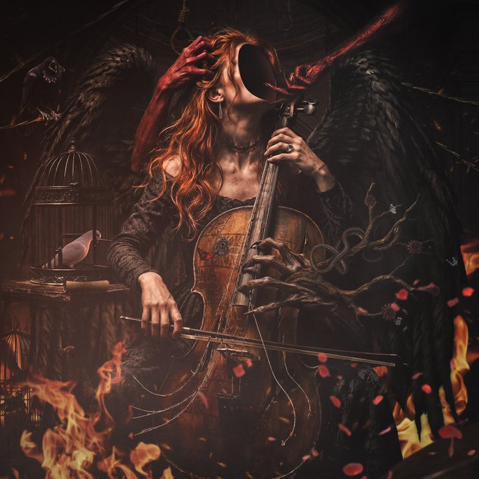 A dark fantasy illustration depicts a red-haired figure with wings playing a cello, accompanied by a horned hand covering their face, with crows and fire in the scene.