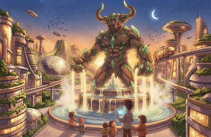 The image depicts a towering crystalline bull statue pouring golden streams into a grand fountain at the center of a futuristic city, with families and children gathered around to witness the spectacle as airships glide through a sunset sky featuring a crescent moon.

Note: There appears to be a mismatch between the image and the accompanying post—the illustration shows a peaceful, awe-inspiring scene of prosperity (a bullish monument in a thriving utopian city), which contrasts with the post's narrative about a fierce "final battle" between buyers and sellers under a setting sun. The image lacks any visible text, numbers, or tickers.