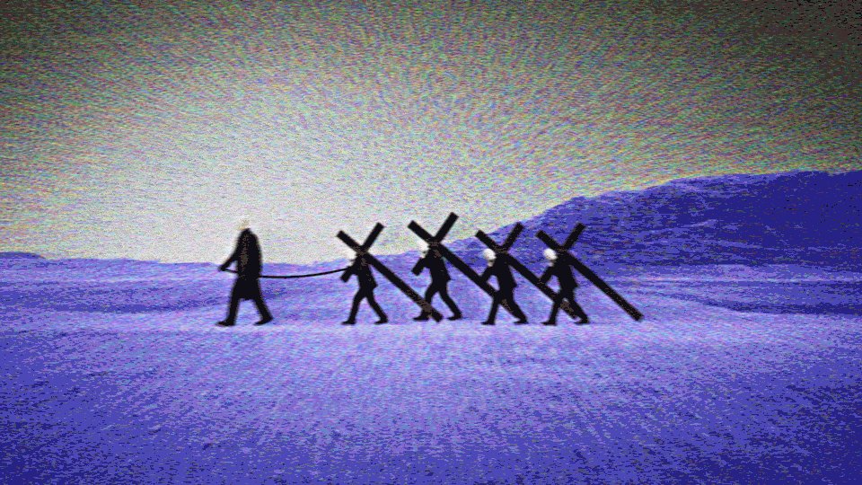 The image features a group of people carrying crosses, with one person leading them across an open field. There are five individuals in total, each holding their own cross. The scene appears to be set against a backdrop of mountains or hills, adding depth and context to the overall composition. The caption "Minted and Now Up for Bidding." suggests that this group might be participating in an event or gathering where they are carrying crosses as part of a ceremony or ritual.