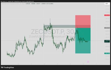 A TradingView chart showing the price action of 'ZECUSDT.P, 30' on Binance, featuring green candlesticks and a prominent teal and pink supply/demand zone on the right side.