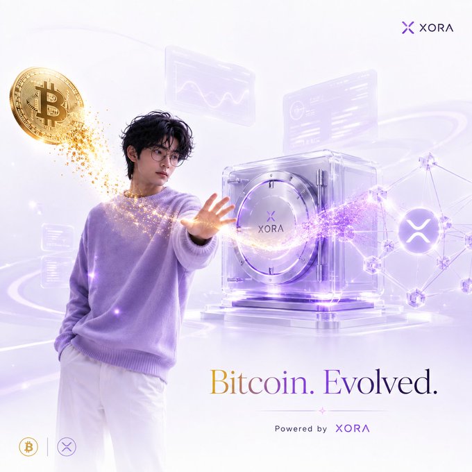 A promotional graphic for 'XORA' featuring a man in a purple sweater with a Bitcoin transforming into digital particles, captioned 'Bitcoin. Evolved. Powered by XORA'.