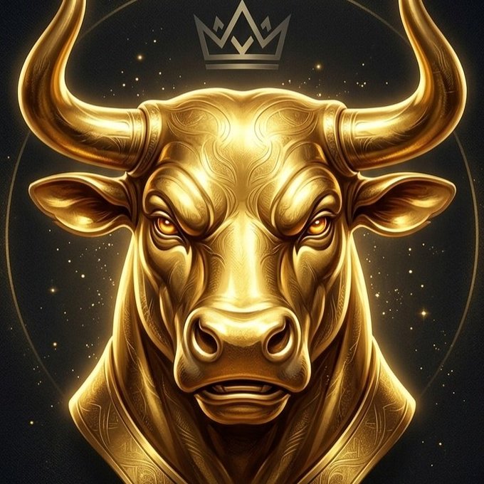 A stylized golden bull head with glowing orange eyes set against a dark starry background, topped with a small crown logo, commonly associated with bull market imagery.