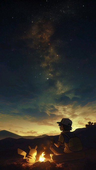 Illustration of a person wearing a backpack sitting by a campfire with a Pikachu under a starry night sky featuring the Milky Way.