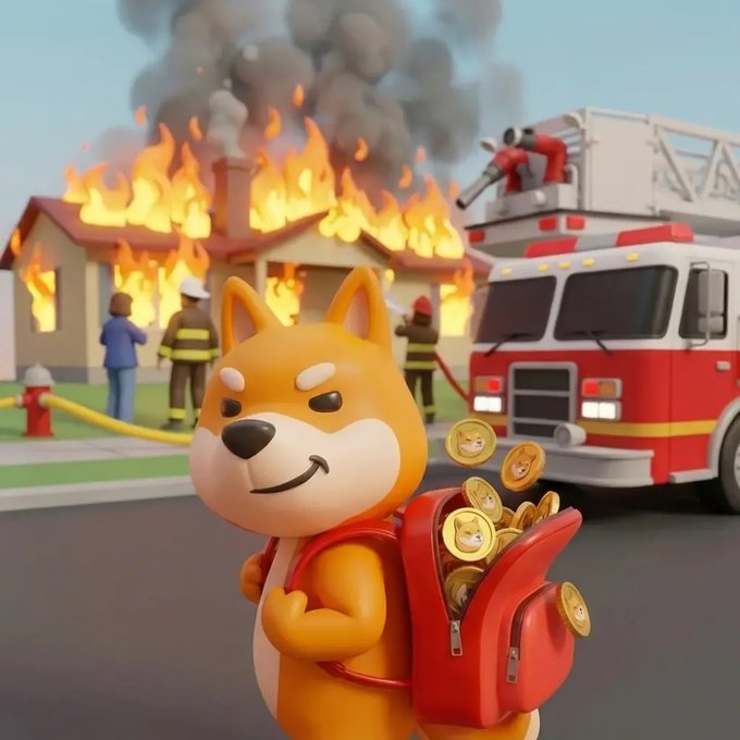 A 3D cartoon Shiba Inu-style dog wearing a red backpack full of Dogecoin coins, standing in front of a burning house and fire truck.