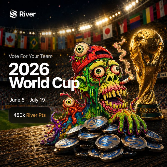 The image features a poster advertising the upcoming FIFA World Cup. The poster includes a cartoon monster with googly eyes and a red hat, surrounded by various coins and a trophy. The text on the poster encourages people to vote for their favorite team and mentions that there is a "FIFA World Cup prediction challenge" where fans can win $RIVER points if they predict correctly which team will win the World Cup in June 5-9, 2016.