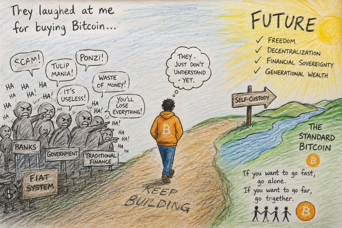 The image features a cartoon illustration of a man walking down a path, with a sign that says "Keep Building" written above him. The man appears to be wearing an orange jacket as he walks towards the future. In the background, there are several other people and signs related to Bitcoin, such as "They doubted the Internet", "They'd probably doubt crypto too", and "如今也同样在质疑AI". The overall theme of the image seems to be about the future of Bitcoin and its impact on society.

The post in question is titled "They laughed at me for buying Bitcoin... Future Freedom, Freedom, Freedom, Freedom", which suggests that there might have been some humorous or satirical commentary on Bitcoin's potential benefits or risks. The cartoon illustration serves as a visual representation of the message conveyed by the post and adds an element of humor to the discussion surrounding Bitcoin.