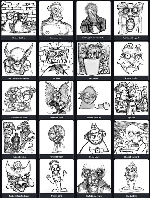 The image features a collection of black and white illustrations, each depicting different characters or scenes. These illustrations are part of an online art gallery called "The Inked Horde" that showcases various styles and themes. The gallery offers a variety of options for artists to display their work, including portraits, abstract designs, and illustrations of everyday objects like cups and hats. The post also mentions the availability of these artworks as 1/1s on social media platforms such as Instagram or Twitter, making it easy for people to view and appreciate the creativity behind each piece.
