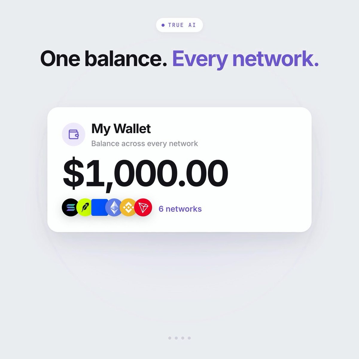 A 'TRUE AI' promotional graphic with the text 'One balance. Every network.' showing a 'My Wallet' card with a $1,000.00 balance across 6 networks, indicated by cryptocurrency network icons.