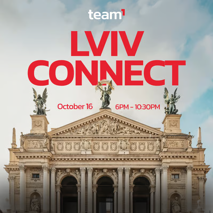 A promotional image for "team1 LVIV CONNECT" featuring an ornate historic building with winged angel statues, advertising the event taking place October 16 from 6PM-10:30PM in Lviv, Ukraine. The grand architectural backdrop visually reinforces the post's message of bringing together Ukrainian Web3 builders and the community for in-person connections in the historic city.