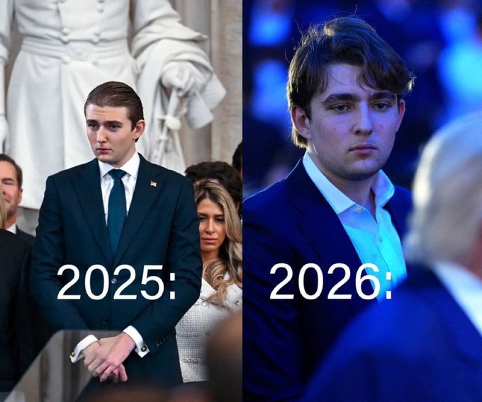 A side-by-side image comparing two photos of Barron Trump, labeled "2025:" on the left showing him in a dark suit at a formal event, and "2026:" on the right showing him with longer, tousled hair at what appears to be a nighttime event. The meme humorously suggests the visible change in his appearance over one year mirrors how weary or worn-down crypto traders feel after a year of volatile markets.