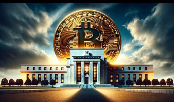 A giant golden Bitcoin looms behind the Federal Reserve building, symbolizing the growing convergence of traditional banking and cryptocurrency, as the post highlights Bank of America's recognition of crypto being "too large to ignore" and its move toward institutional adoption by appointing a Global Head of Digital Asset Transformation.