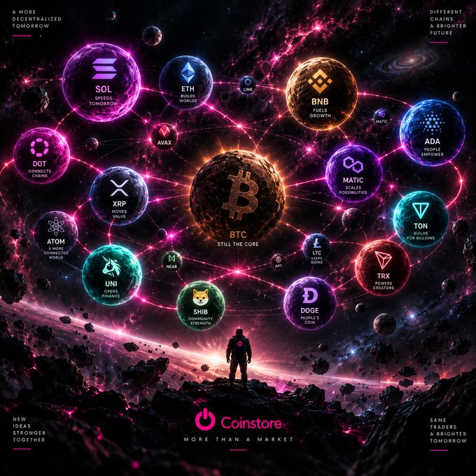 A promotional graphic for Coinstore featuring a cosmic scene with a silhouetted figure looking at a central Bitcoin (BTC) orb surrounded by cryptocurrency logos including SOL, ETH, BNB, ADA, MATIC, TON, XRP, TRX, UNI, SHIB, DOGE, DOT, and ATOM.