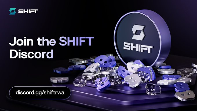 The image features a purple circle with the word "SHIFT" written on it, surrounded by small silver coins scattered around it. The background of the image is black, making the purple circle stand out prominently. Below the circle, there's text that reads "JOIN THE SHIFT DISCOURSE". The caption below the image provides information about a Discord event happening in two hours and invites users to join the discussion by sharing their thoughts on the SHIFT Series tokens.