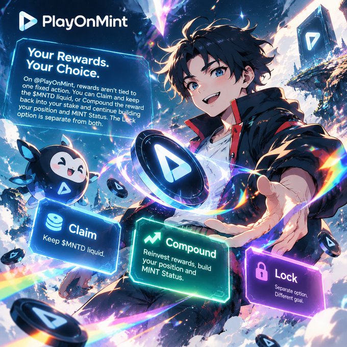 An anime-style promotional graphic for 'PlayOnMint' showing a character with $MNTD tokens and options to 'Claim', 'Compound', or 'Lock' rewards for 'MINT Status'.