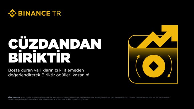 A Binance TR advertisement promoting their "Biriktir" (Save/Accumulate) feature, displaying the slogan "CÜZDANDAN BİRİKTİR" (Save from your wallet) with messaging encouraging users to earn Biriktir rewards by valuing their idle assets, visually represented by a wallet icon with an upward growth chart. The image directly supports the post's message about avoiding market timing by using Binance TR's regular purchase tool for accumulating crypto investments.