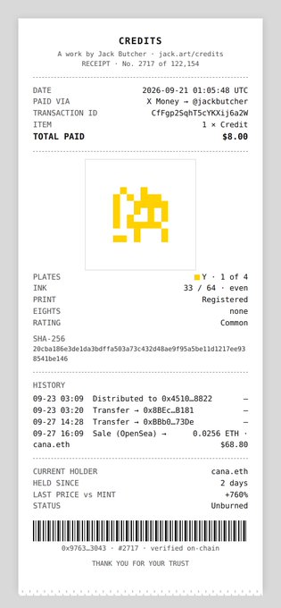 A receipt-style document for a digital artwork titled "CREDITS" by Jack Butcher (jack.art/credits), dated 2026-09-21, showing purchase details for $8.00 paid in ETH.