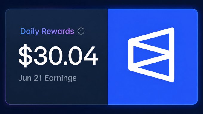 The image shows a digital display with a blue header and a white triangle graphic design representing a payment gateway or reward system. Below the header, there are two columns of text indicating that $30 has been earned today, and the reward is expected to be received on June 21. The overall layout gives the impression of an advertisement promoting a rewards program for users who complete certain tasks or follow specific guidelines.