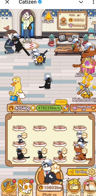A screenshot of a mobile game interface featuring various cartoon cat characters in different outfits, gameplay elements, stats including '4054bp' and '478235be/s', and Vietnamese text.