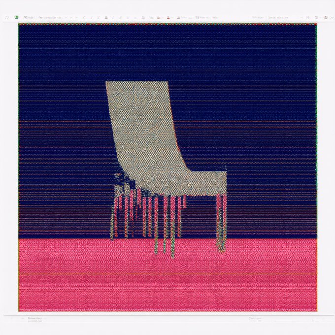 A pixelated digital artwork depicts a white chair with dripping, fragmented legs against a navy blue and hot pink background, fittingly titled "Chair Typology." The image directly illustrates the NFT collection's theme of chair typology, with visible interface elements at the top suggesting it was viewed on an NFT marketplace platform.