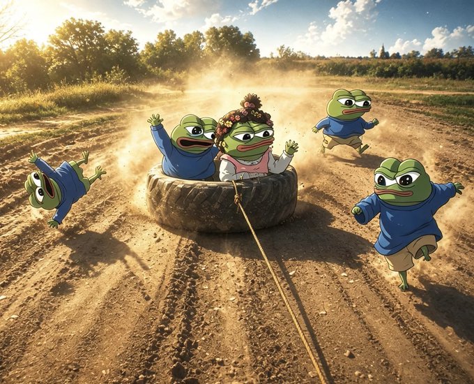 AI-generated scene featuring Pepe the Frog characters, with two frogs in a tire being pulled on a dirt road while others chase them in a dusty field.