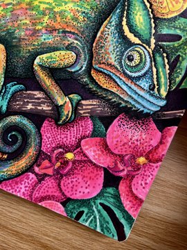 A vibrant, textured artwork showing a colorful chameleon perched on a branch above bright pink orchid flowers and green monstera leaves.