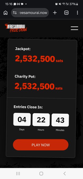 A mobile screenshot of the 'FreeSamoRai FreeDrain' site showing a Jackpot and Charity Pot of 2,532,500 sats each, with 4 days 22 hours 43 minutes until entries close and a 'PLAY NOW' button.