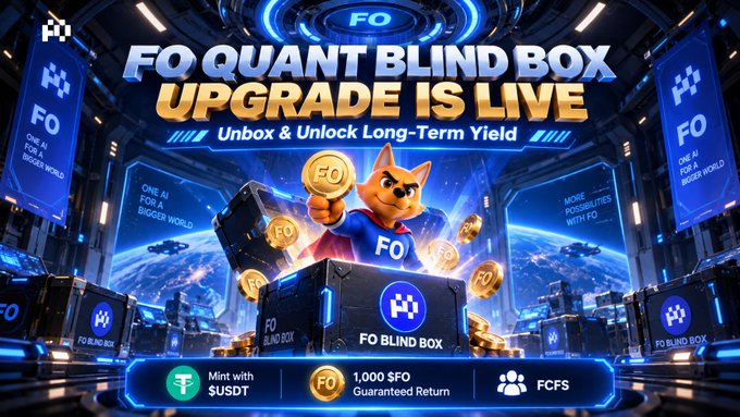 A promotional banner for "FQ QUANT BLIND BOX UPGRADE IS LIVE," featuring a Shiba Inu mascot in a superhero cape holding a gold "FQ" coin, with text promoting a "1,000 $FO Guaranteed Return" and "Mint with $USDT".