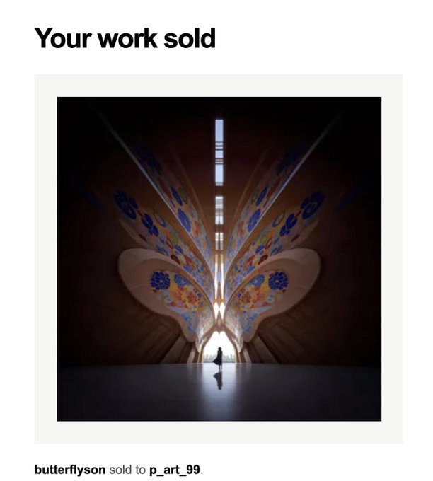 A 'Your work sold' notification from the user 'butterflylson' who sold artwork titled 'p_art_99' featuring a striking photograph of a person standing before a large butterfly-shaped illuminated architectural structure.