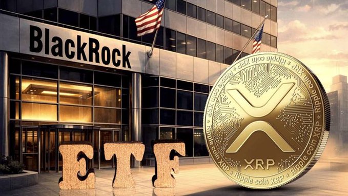 Promotional graphic for BlackRock featuring the company building with American flags, a large gold XRP (Ripple) coin, and the letters 'ETF' on the sidewalk, suggesting a BlackRock XRP ETF.