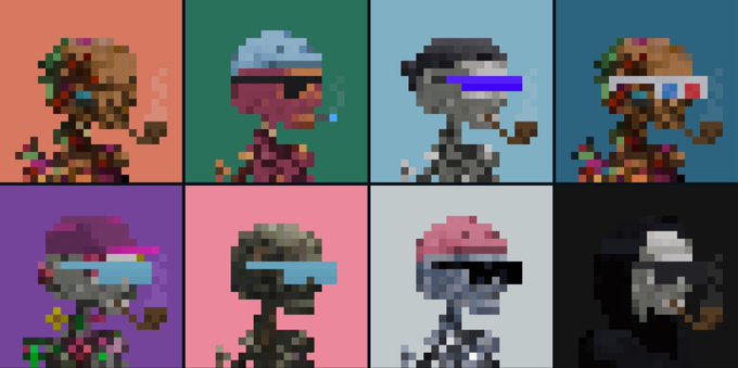 Eight pixel-art skeletons smoking cigars and wearing various colorful hats and glasses are displayed against different solid-colored backgrounds.