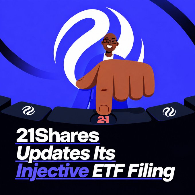 A stylized illustration features a smiling person pressing a key on a keyboard, with a large hand pointing forward and the 21Shares logo prominently displayed in the background. The bold text reads "21Shares Updates Its Injective ETF Filing," tying into the post's announcement of the proposed $TINJ ETF that plans to stake 40–60% of its $INJ holdings on Nasdaq using the FTSE index.