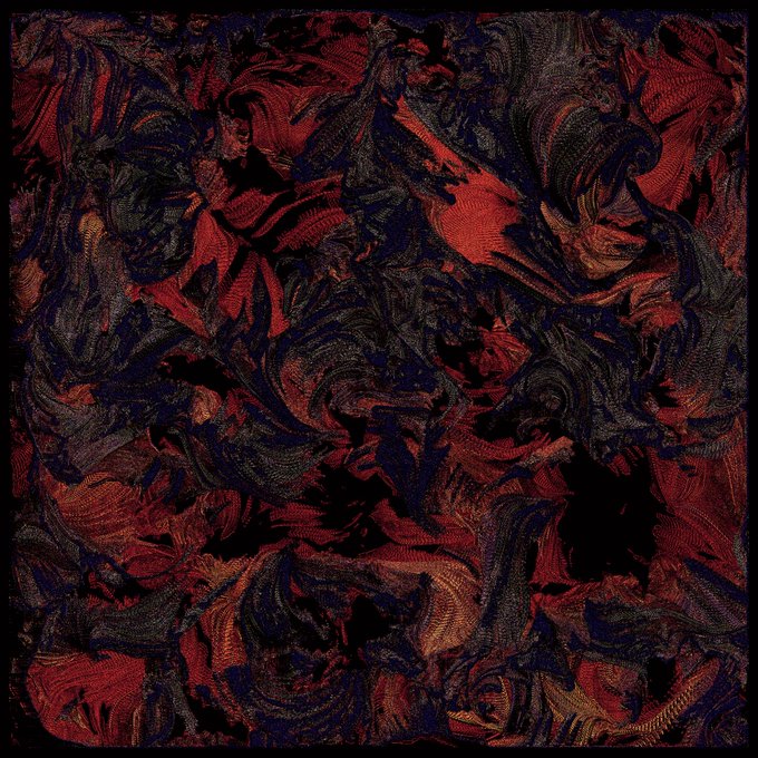 A dark, textured abstract image with swirling, marbled patterns in deep red, black, and dark blue tones, resembling fabric or a heavy impasto painting.